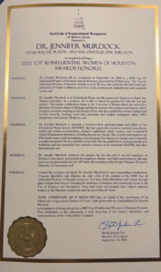 Certificate of Top 30 influential women of Houston for Dr Jennifer Murdock